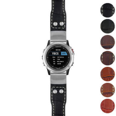 g.d2bv.iw1 Gallery Black with White Stitching StrapsCo DASSARI Aviator Crocodile Embossed Leather Strap 22mm