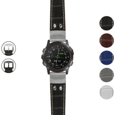 g.d2dpx.ds16 Gallery Black StrapsCo DASSARI Croc Embossed Leather Pilot Watch Band with Brush Silver Buckle 22mm