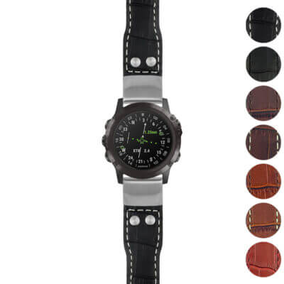 g.d2dpx.iw1 Gallery Black with White Stitching StrapsCo DASSARI Aviator Crocodile Embossed Leather Strap 22mm