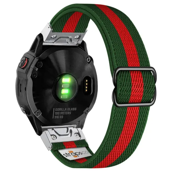 ny100.11.6.ss Back Green and Red StrapsCo Nylon Stretch Watch Band Strap For Garmin QuickFit Devices
