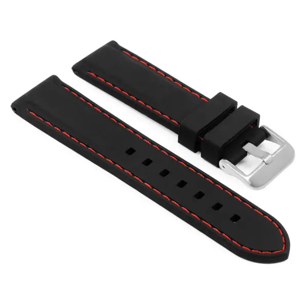 pu1.1.6.bs Main Black Red Brushed Silver Buckle StrapsCo Silicone Rubber Divers Watch Band Strap with Contrast Stitching