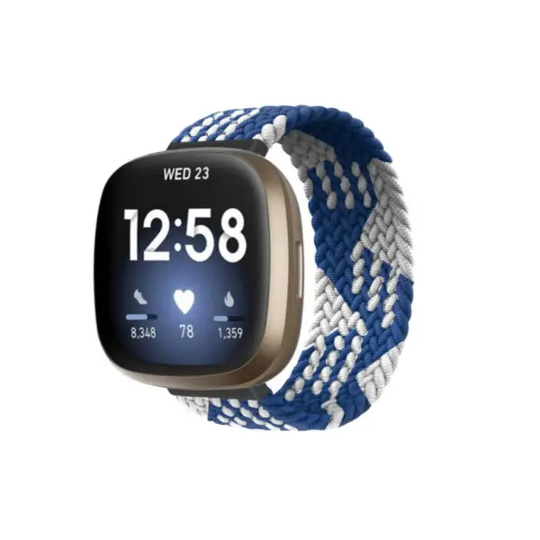 fb.ny29.p Main Blue White Buffalo StrapsCo Patterned Elastic Nylon Watch Strap Fitbit Sense