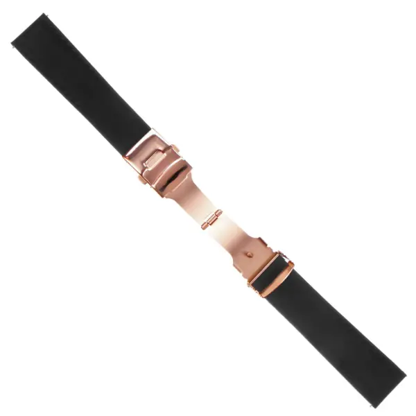 Rubber Strap In Black W Black Stitching & Rose Gold Clasp