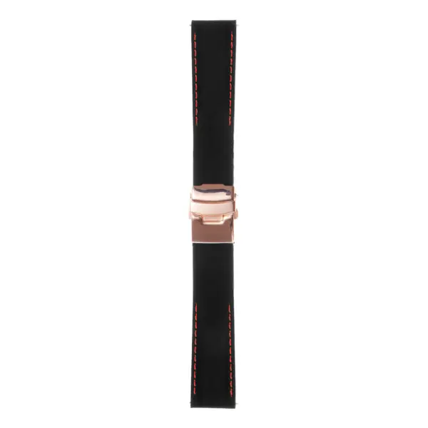 Rubber Strap In Black W Red Stitching & Rose Gold Clasp