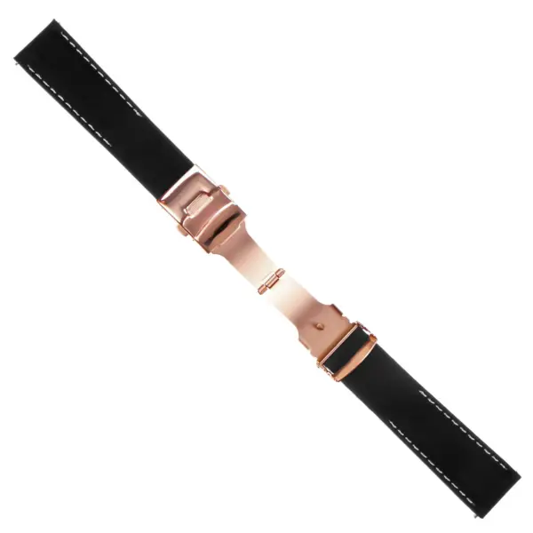 Rubber Strap In Black W White Stitching & Rose Gold Clasp