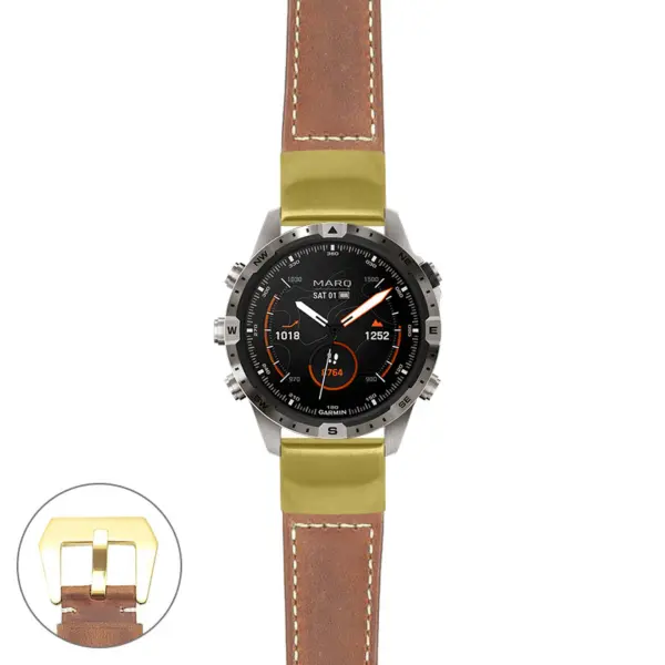g.mrq2.p560a Main Tan StrapsCo DASSARI Salvage Thick Padded Distressed Italian Leather Watch Band Strap with Yellow Gold Buckle