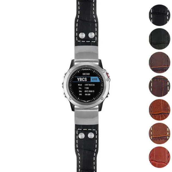 g.d2bv.iw1 Gallery Black with White Stitching StrapsCo DASSARI Aviator Crocodile Embossed Leather Strap 22mm