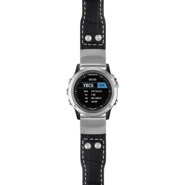 g.d2bv.iw1 Main Black with White Stitching StrapsCo DASSARI Aviator Crocodile Embossed Leather Strap 22mm