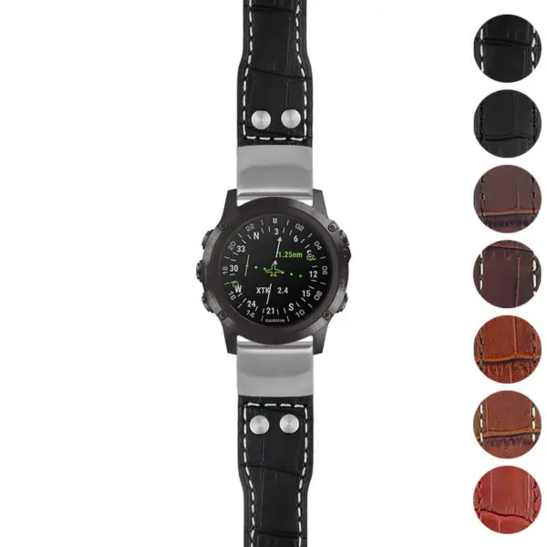 g.d2dpx.iw1 Gallery Black with White Stitching StrapsCo DASSARI Aviator Crocodile Embossed Leather Strap 22mm
