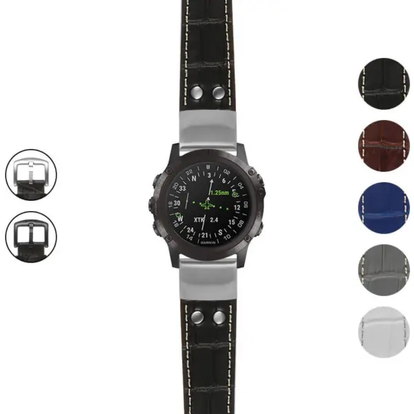 g.d2dpx.ds16 Gallery Black StrapsCo DASSARI Croc Embossed Leather Pilot Watch Band with Brush Silver Buckle 22mm