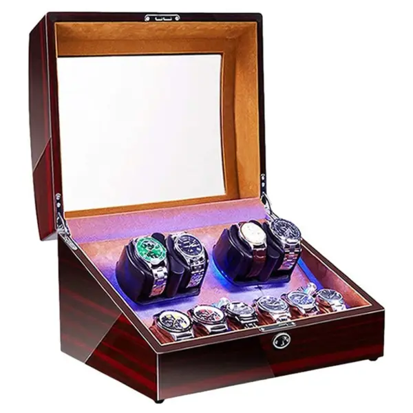 Glossy Light Cherry Watch Winder with Storage and LED Lights for 4 Watches #1