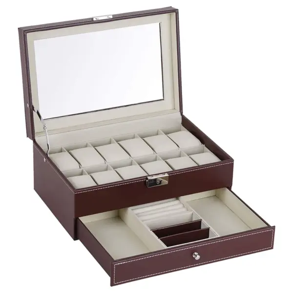 Brown & Beige Double Layer Combination Watch Sunglasses Box for 12 Watches #1