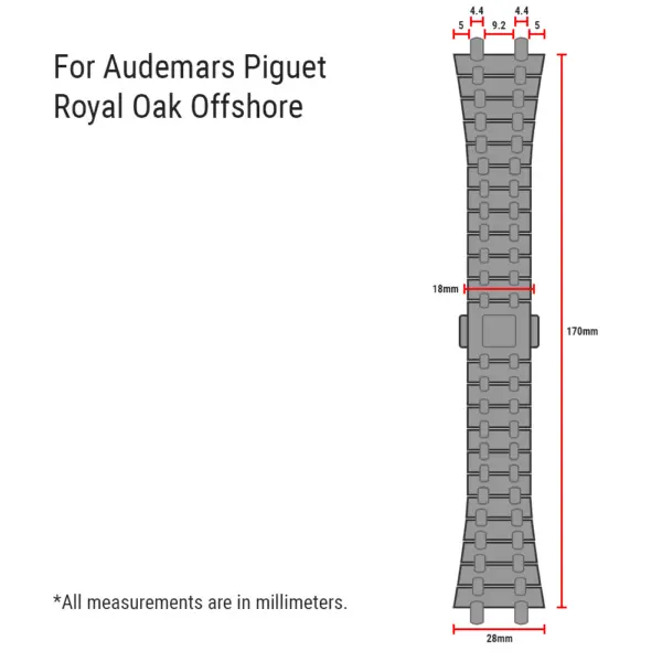 Diagram of dimensions for m.ap2 StrapsCo 28mm Stainless Steel Watch Band for Audemars Piguet Royal Oak Offshore