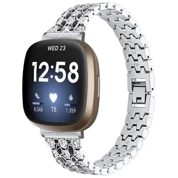 fb.m129.ss Main Silver StrapsCo Metal Alloy Bracelet Watch Band Strap with Rhinestones for Fitbit Sense Fitbit Versa 3