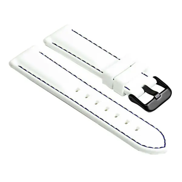 pu1.22.5.mb Rubber Strap with Contrast Stitching with Matte Black Tang Buckle in white with blue stitching