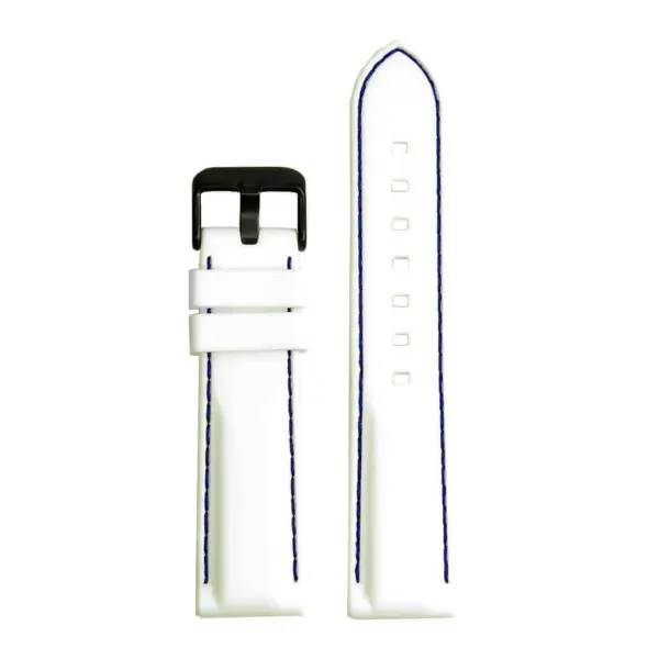 pu1.22.5.mb Rubber Strap with Contrast Stitching with Matte Black Tang Buckle in white with blue stitching